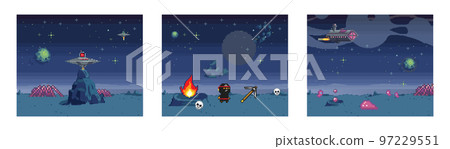 Retro computer games level. Pixel art video game scene 8 bit warrior character collects weapons Retro computer games level. Pixel art video game scene 8 bit warrior character collects weapons 97229551