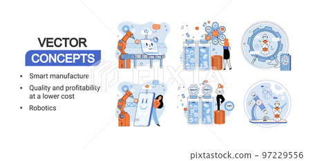 Smart manufacture, quality and profitability at a lower cost, robotics system illustrations set 97229556