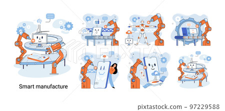 Smart manufacture metaphor with automated production line. Innovative contemporary smart industry Smart manufacture metaphor with automated production line. Innovative contemporary smart industry 97229588