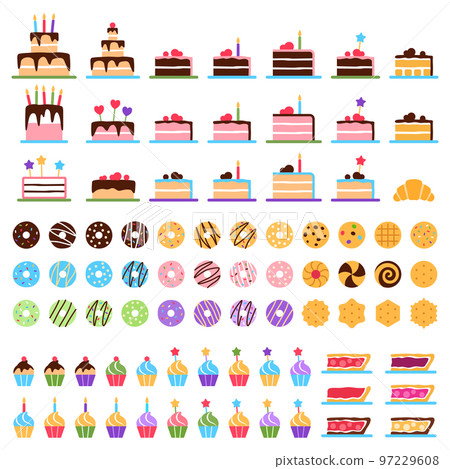 Pastry elements set on white background. Tasty baked healthy dessert collection. Flat biscuit cake donut cookie muffin chocolate pie croissant puff. Cartoon sweet snack french food illustration Pastry elements set on white background. Tasty baked healthy dessert collection. Flat biscuit cake donut cookie muffin chocolate pie croissant puff. Cartoon sweet snack french food illustration 97229608