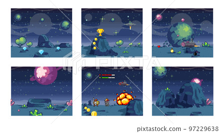 Cosmic scenes set in pixel art. Pixelated location for game or application, space and spaceship 97229638