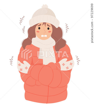 Unhappy woman freezing wearing winter clothes shivering. Cartoon flat vector illustration. Winter season and suffering of low minus degrees temperature 97229699