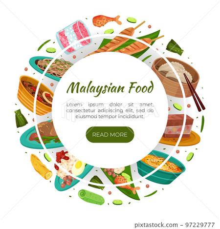 Malaysian Cuisine Banner Design with Served Dish and Meal Vector Template 97229777
