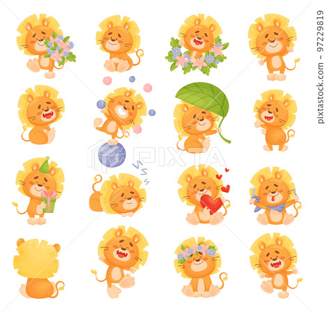 Lion Cub Character with Thick Mane Engaged in Different Activity Big Vector Set Lion Cub Character with Thick Mane Engaged in Different Activity Big Vector Set 97229819
