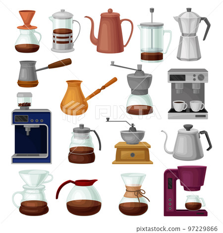 Coffee Brewing in Kettles, French Press, Jezve and Coffee Machine Big Vector Set 97229866