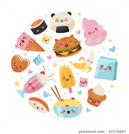Kawaii Food Round Composition with Tasty Meal with Cute Faces Vector Template 97229891