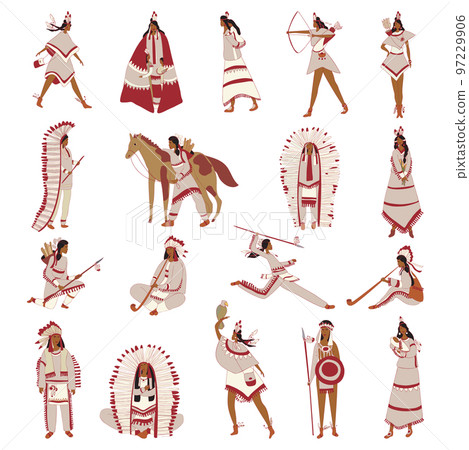 Native American Indians in Traditional Clothes Big Vector Set 97229906