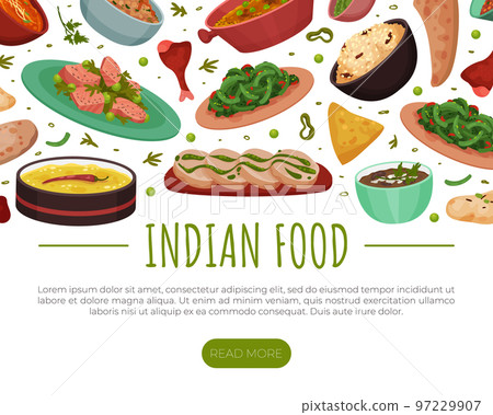 Indian Food Banner Design with Dinner Dish Served on Plate Vector Template 97229907