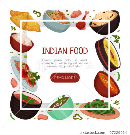 Indian Food Banner Design with Dinner Dish Served on Plate Vector Template Indian Food Banner Design with Dinner Dish Served on Plate Vector Template 97229914