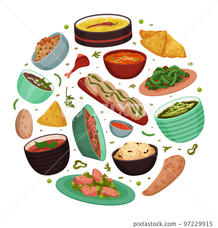 Indian Food Round Composition Design with Dinner Dish Served on Plate Vector Template Indian Food Round Composition Design with Dinner Dish Served on Plate Vector Template 97229915