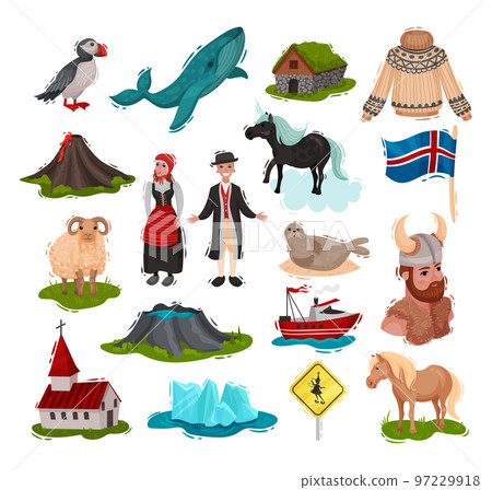 Iceland Symbols and Traditional Scandinavian Country Attribute Big Vector Set 97229918
