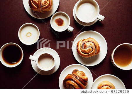 Fresh aromatic cinnamon buns as dessert for coffee Fresh aromatic cinnamon buns as dessert for coffee 97229939