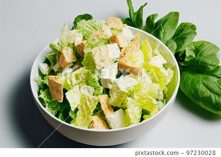 Delicious chicken caesar salad with chicken pieces and golden sauce Delicious chicken caesar salad with chicken pieces and golden sauce 97230028