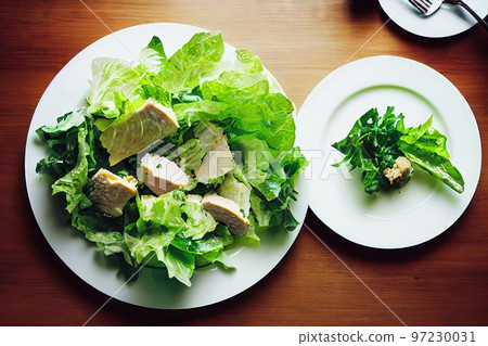 Plates of vegetable chicken caesar salad on wooden table 97230031