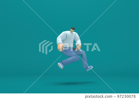 cartoon character wearing jeans and  long shirt. He is jumping. 3d rendering in acting. 97230078