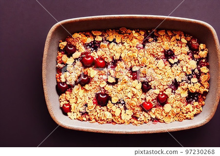 Homemade soft cherry pie with red cherry berries and golden flakes 97230268