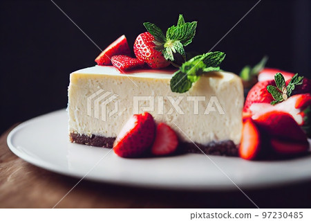 Delicious cheesecake pieces with strawberries with leaf on top Delicious cheesecake pieces with strawberries with leaf on top 97230485