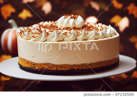 Light beige cheesecake decorated with whipped cream on top Light beige cheesecake decorated with whipped cream on top 97230500