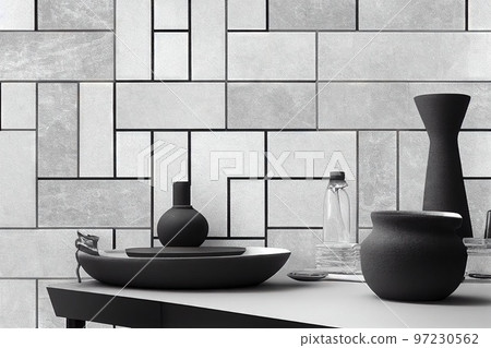 Kitchen countertop and tiles pattern on wall with copy space 3D render digital illustration 97230562