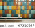 Glossy tiles pattern on wall and bench on floor in abstract room interior background 3D render digital illustration 97230567