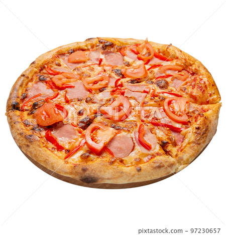 Italian pizza with cheese and tomatoes, on a round board, on a white background 97230657