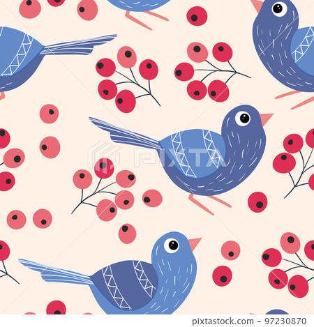 Seamless pattern with funny colorful birds, flowers, leaves and berries. Color flat vector illustration with little cartoon bird. Cute characters. Design for invitation, poster, card, textile, fabric 97230870
