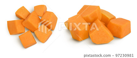 Fresh orange pumpkin isolated on white background with full depth of field. Top view. Flat lay Fresh orange pumpkin isolated on white background with full depth of field. Top view. Flat lay 97230981