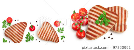 Tuna fish steak grilled isolated on white background. Top view with copy space for your text. Flat lay 97230991