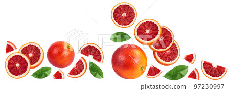 Blood red oranges slices isolated on white background. Top view with copy space for your text. Flat lay Blood red oranges slices isolated on white background. Top view with copy space for your text. Flat lay 97230997