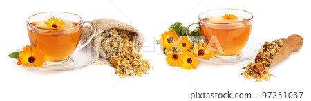 Calendula tea with fresh and dried flowers isolated on white background Calendula tea with fresh and dried flowers isolated on white background 97231037