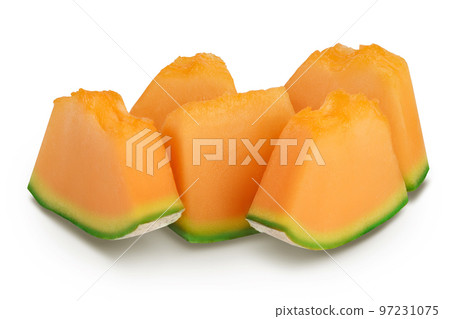 Cantaloupe melon pieces isolated on white background with full depth of field. Cantaloupe melon pieces isolated on white background with full depth of field. 97231075