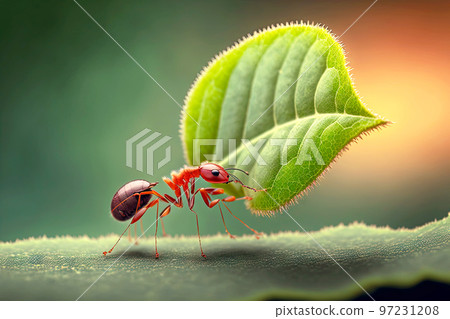 Red strong ants carrying large green leaf 97231208