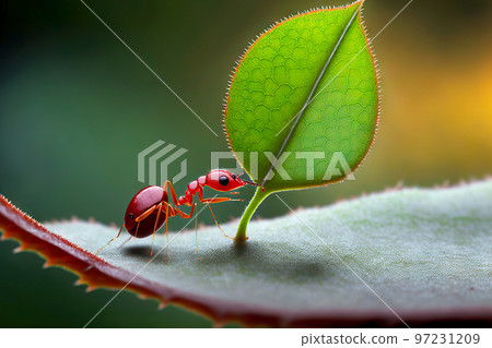 Red strong ants carrying large green leaf 97231209