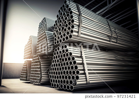 Large stacks of metal pipes lying in warehouse of aluminum industry factory Large stacks of metal pipes lying in warehouse of aluminum industry factory 97231421