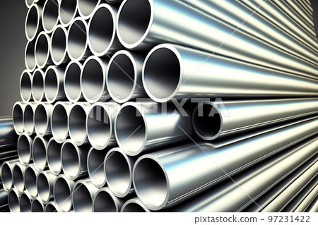 Large stacks of metal pipes lying in warehouse of aluminum industry factory 97231422