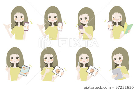 [小工具插圖/拿著智能手機、平板電腦的女孩] 面部表情和姿勢的變化集 97231630