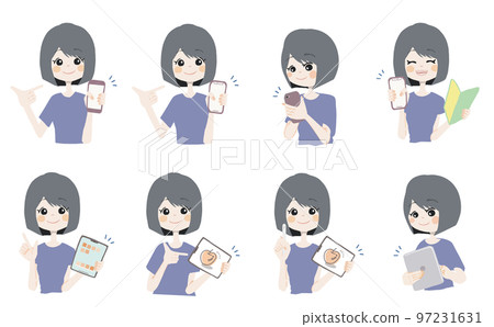 [小工具插圖/拿著智能手機、平板電腦的女孩] 面部表情和姿勢的變化集 97231631