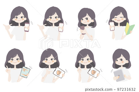 [Gadget illustration / girl holding a smartphone, tablet] Variation set of facial expressions and poses 97231632