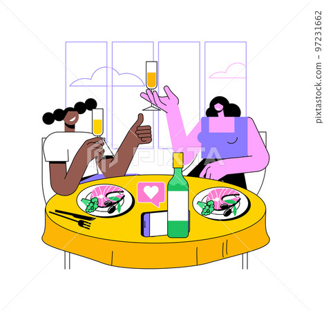 Tasting new food isolated cartoon vector illustrations. Bloggers girls eating food in cafe, making review for social media, restaurant critic, share impressions, tasty meal vector cartoon. 97231662