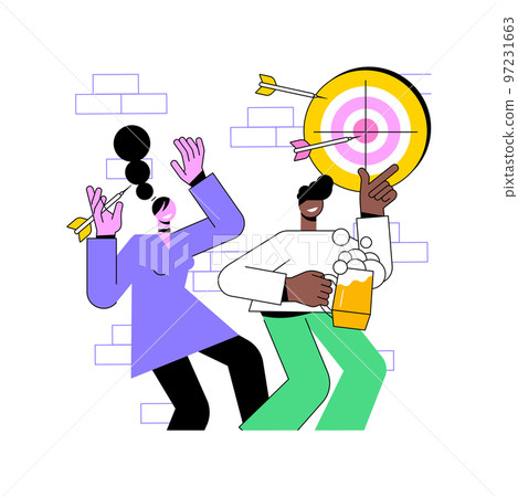 Playing darts isolated cartoon vector illustrations. Group of cheerful friends having fun in pub, people play darts and drink craft beer, eating out in bar, precise shot vector cartoon. 97231663