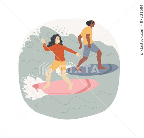 Surfing isolated cartoon vector illustration. Group of happy teenagers surfing together, extreme summer sport, active lifestyle, leisure time together, having fun on beach vector cartoon. Surfing isolated cartoon vector illustration. Group of happy teenagers surfing together, extreme summer sport, active lifestyle, leisure time together, having fun on beach vector cartoon. 97231694