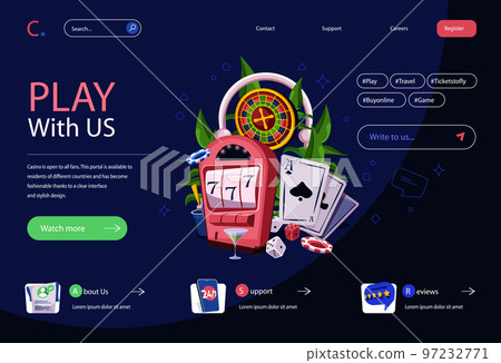 Casino concept in flat cartoon design for homepage layout. Online poker and gambling, slot machine jackpot winning, roulette, dices and card games. Vector illustration for landing page and web banner Casino concept in flat cartoon design for homepage layout. Online poker and gambling, slot machine jackpot winning, roulette, dices and card games. Vector illustration for landing page and web banner 97232771