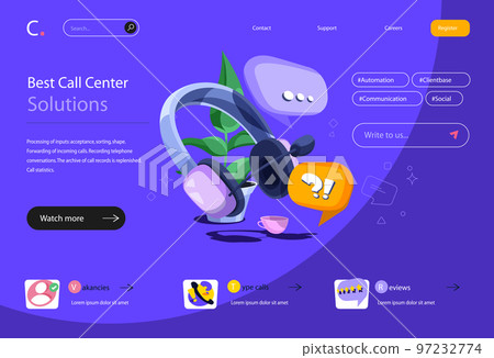 Call center concept in flat cartoon design for homepage layout. Online customer support, problem solving, consulting and chatting with clients. Vector illustration for landing page and web banner Call center concept in flat cartoon design for homepage layout. Online customer support, problem solving, consulting and chatting with clients. Vector illustration for landing page and web banner 97232774