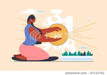 Numerology concept with people scene in flat design. Woman numerologist predicts fate and counts important dates and numbers, making in esoteric. Vector illustration with character situation for web 97232782