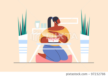 Sugar free and not sweet diet concept with people scene in flat design. Woman follows healthy diet and refuses cakes. Diabetic does not eat sweets. Vector illustration with character situation for web Sugar free and not sweet diet concept with people scene in flat design. Woman follows healthy diet and refuses cakes. Diabetic does not eat sweets. Vector illustration with character situation for web 97232786