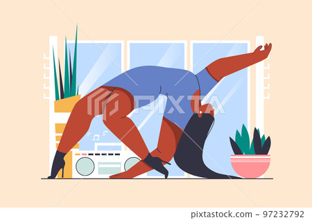 Dancer at high heels concept with people scene in flat design. Woman in beautiful dress dancing modern dance and flexible posing in ballroom. Vector illustration with character situation for web Dancer at high heels concept with people scene in flat design. Woman in beautiful dress dancing modern dance and flexible posing in ballroom. Vector illustration with character situation for web 97232792