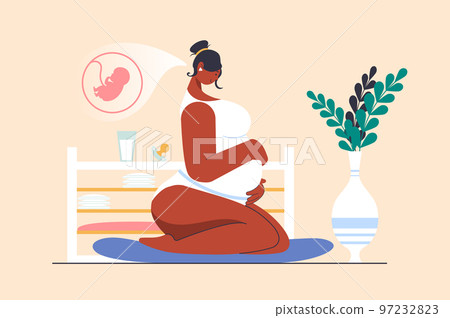 Pregnancy concept with people scene in flat design. Beautiful pregnant woman in lingerie sits and lovingly hugs her big belly and waiting for baby. Vector illustration with character situation for web Pregnancy concept with people scene in flat design. Beautiful pregnant woman in lingerie sits and lovingly hugs her big belly and waiting for baby. Vector illustration with character situation for web 97232823