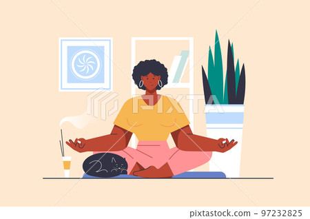 Yoga practice concept with people scene in flat design. Woman sitting in lotus position and doing meditation at home and improves mental health. Vector illustration with character situation for web Yoga practice concept with people scene in flat design. Woman sitting in lotus position and doing meditation at home and improves mental health. Vector illustration with character situation for web 97232825