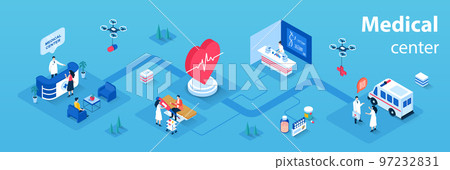 Medical center concept 3d isometric infographics web banner. People visit hospital, receive consultations from therapist, do tests in laboratory. Vector illustration in isometry graphic design 97232831