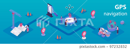 GPS navigation concept 3d isometric infographics web banner. People use online maps in applications, create and track routes with location search. Vector illustration in isometry graphic design GPS navigation concept 3d isometric infographics web banner. People use online maps in applications, create and track routes with location search. Vector illustration in isometry graphic design 97232832